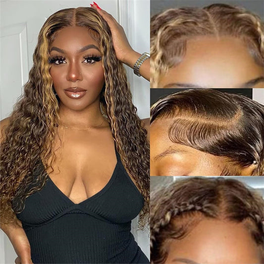  P4/27 Highlight 13x4 Water Wave Lace Frontal Wigs Pre Plucked With Baby Hair 
