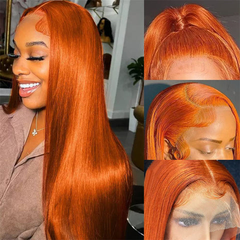 13x6 Ginger Orange Straight Wigs Pre Plucked Transparent Lace Frontal Wig 