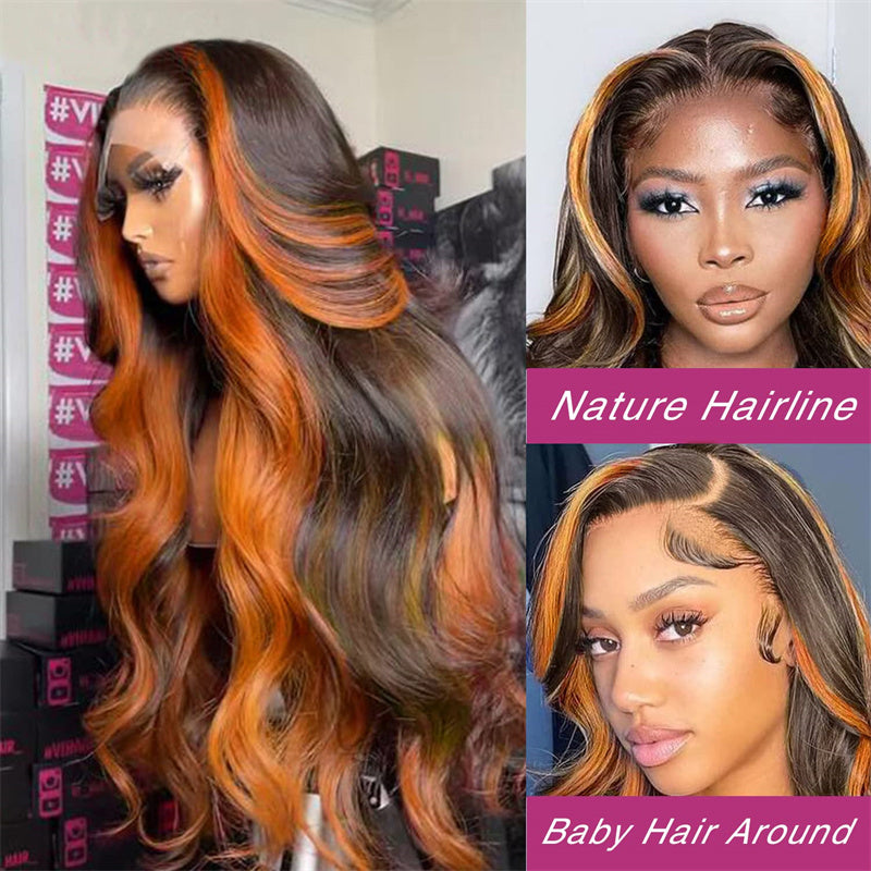 Orange Ginger Skunk Stripe 6x6 Lace Closure Wigs Human Hair Highlights Body Wave  Wig 180% density
