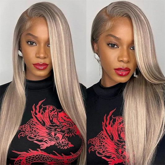 Ash Blonde Grey Highlight Wigs Human Hair 13x6 Straight Lace Frontal Wig 