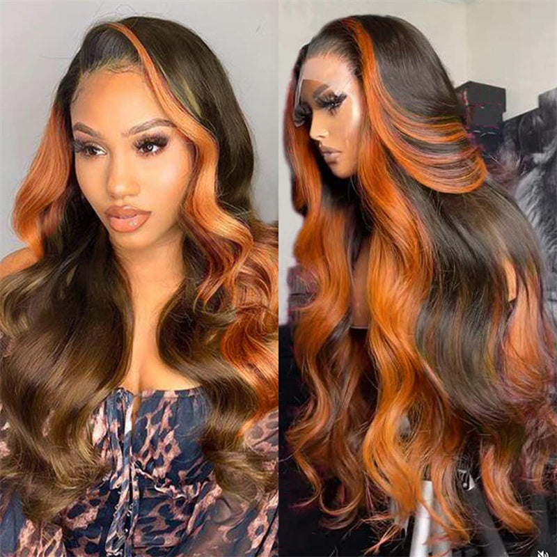 Orange Ginger Skunk Stripe 6x6 Lace Closure Wigs Highlights Body Wave Pre Plucked Transparent Lace Front Wig
