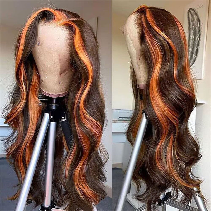 body wave Skunk Stripe Ginger Brown 13x4 Transparent Lace Frontal Human Hair 180% density