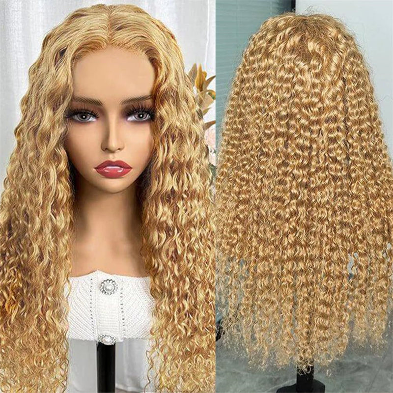 Water Wave Human Hair Wig Honey Blonde 13x4 Transparent Lace Wig 180%/250% density