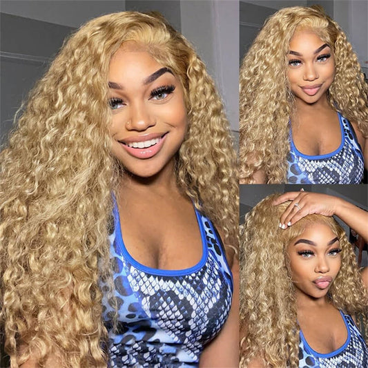 Honey Blonde 13x6 Water Wave Lace Frontal Wigs Human Hair 