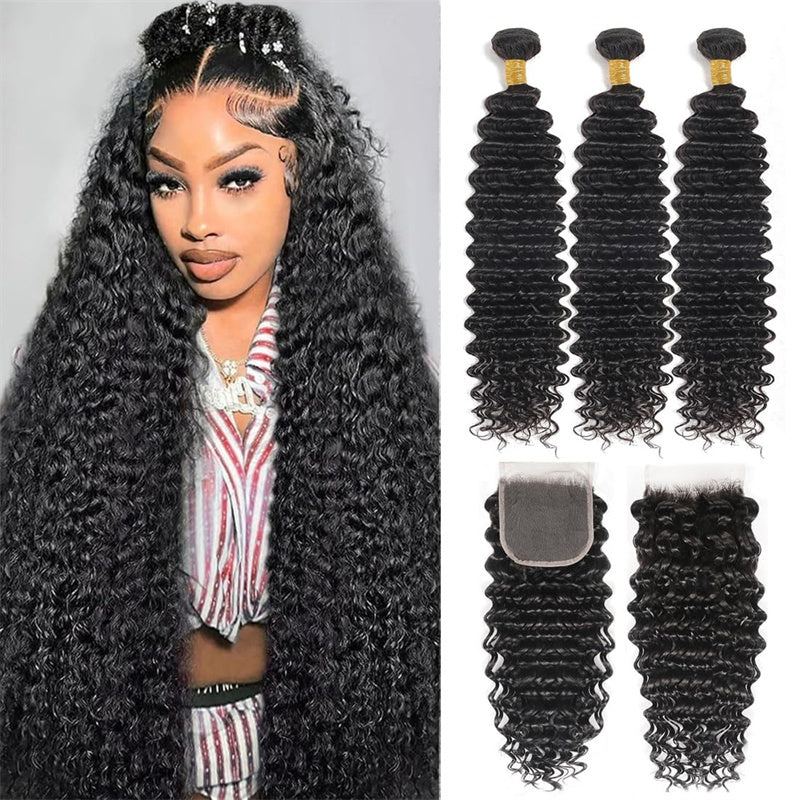 Deep Wave 3 Bundles with 4x4 Lace Closure with Baby Hair Natural Color