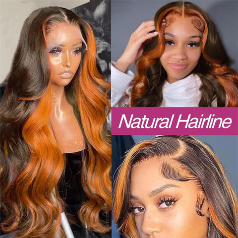 body wave Skunk Stripe Ginger Brown 13x4 Transparent Lace Frontal Human Hair wig