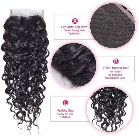 Water Wave 4x4 Lace Closure Human Hair Virgin Human Hair Swiss Lace Closures Natural Black Color
