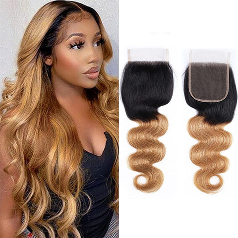 Ombre Closure Pre Plucked 4x4 Closure 1b/27 Body Wave 100% Virgin Human Hair
