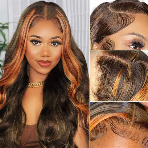 Orange Ginger Skunk Stripe 6x6 Lace Closure Wigs Human Hair Highlights Body Wave  Wig
