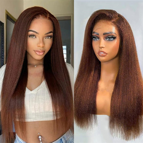 Brown Kinky Straight Human Hair Wigs 13x6 HD Transparent Lace Frontal Wig