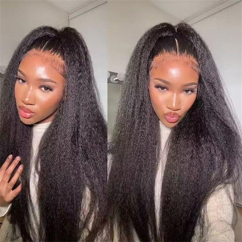 Kinky Straight Transparent Lace Front Wig 6x6 Lace Closure Wigs Human Hair for Black Women 180% Density