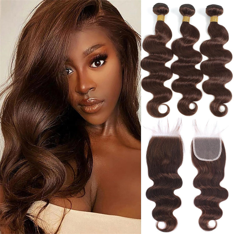 Light Brown Body Wave Human Hair Bundles with Lace Closure Brazilian Virgin Hair 3 Bundles with Lace Closure with Baby Hair
