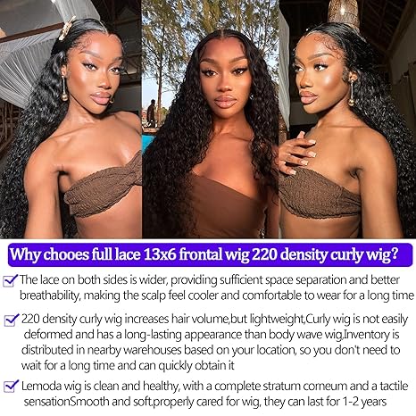 Lemoda 220% Density 12A Virgin 13x6/13X4 Deep Wave Full Lace Frontal Wig Human Hair 13x6/13X4 Water Wave Wigs Human Hair HD Transparent Curly Lace Front Wigs Brazilian Wet and Wave Lace Wig Hair 22 Inch