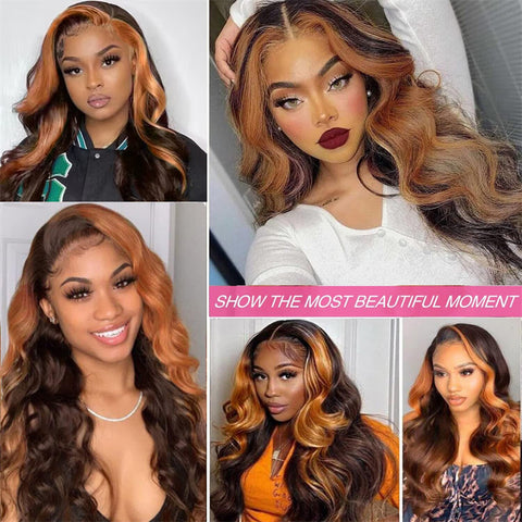 Orange Ginger Skunk Stripe 6x6 Lace Closure Wigs Human Hair Highlights Body Wave Pre Plucked Transparent Lace Front Wig
