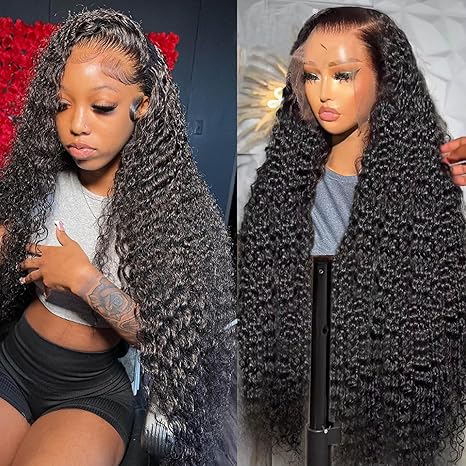 Lemoda 220% Density 12A Virgin 13x6/13X4 Deep Wave Full Lace Frontal Wig Human Hair 13x6/13X4 Water Wave Wigs Human Hair HD Transparent Curly Lace Front Wigs Brazilian Wet and Wave Lace Wig Hair 22 Inch