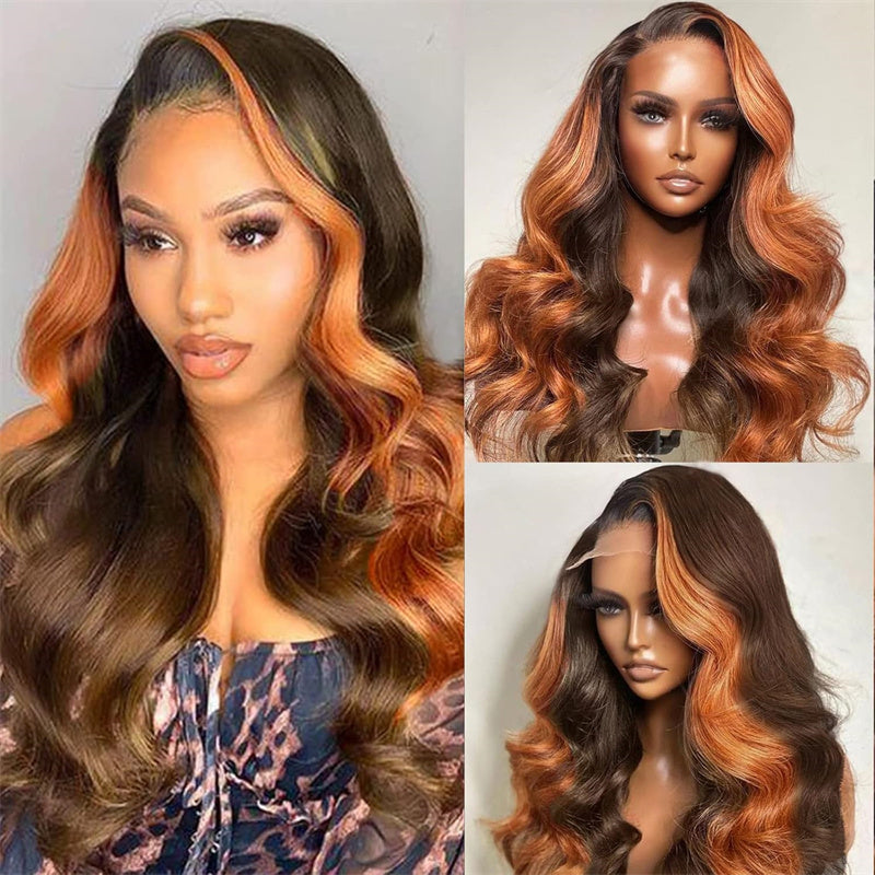 body wave Skunk Stripe Ginger Brown 13x4 Transparent Lace Frontal Human Hair 