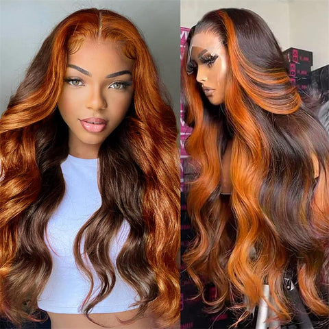 Highlight Skunk Stripe Ginger Brown 13x4 Transparent Lace Frontal Human Hair Body Wave wig
