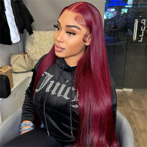 99J Burgundy Color 13X4 Straight Frontal Transparent Lace Wig 