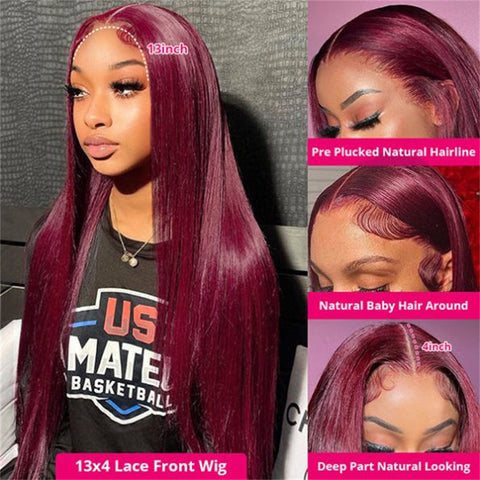 99J Burgundy Color 13X4 Straight Frontal Transparent Lace Wigs