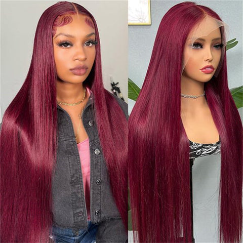 99J Burgundy Color 13X4 Straight Frontal Transparent Lace Wig 180% Density