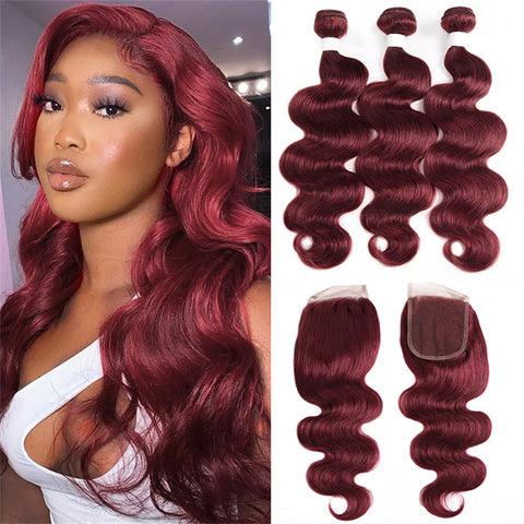 99j Wine Red Color Brazilian Body Wave Hair 3 Bundles With 4x4 Closure Human Hair Bundles
