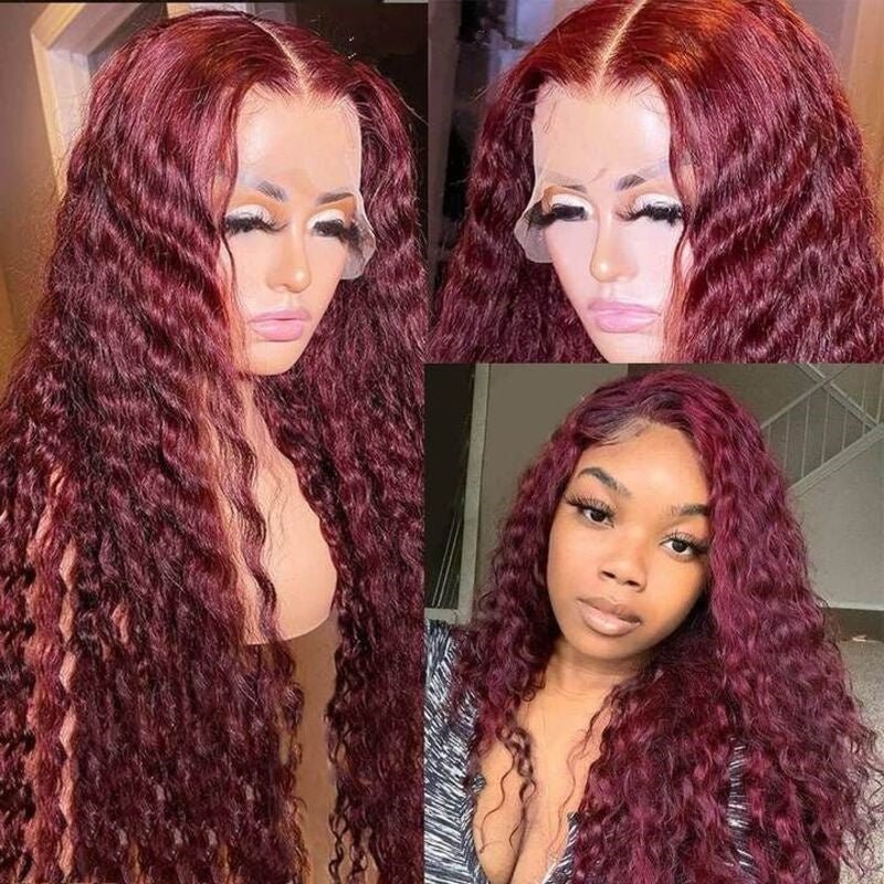 99J Burgundy 13x6 Water Wave Wig Pre - plucked Transparent Lace Human hair Wig With Baby Hair - Lemoda Hair