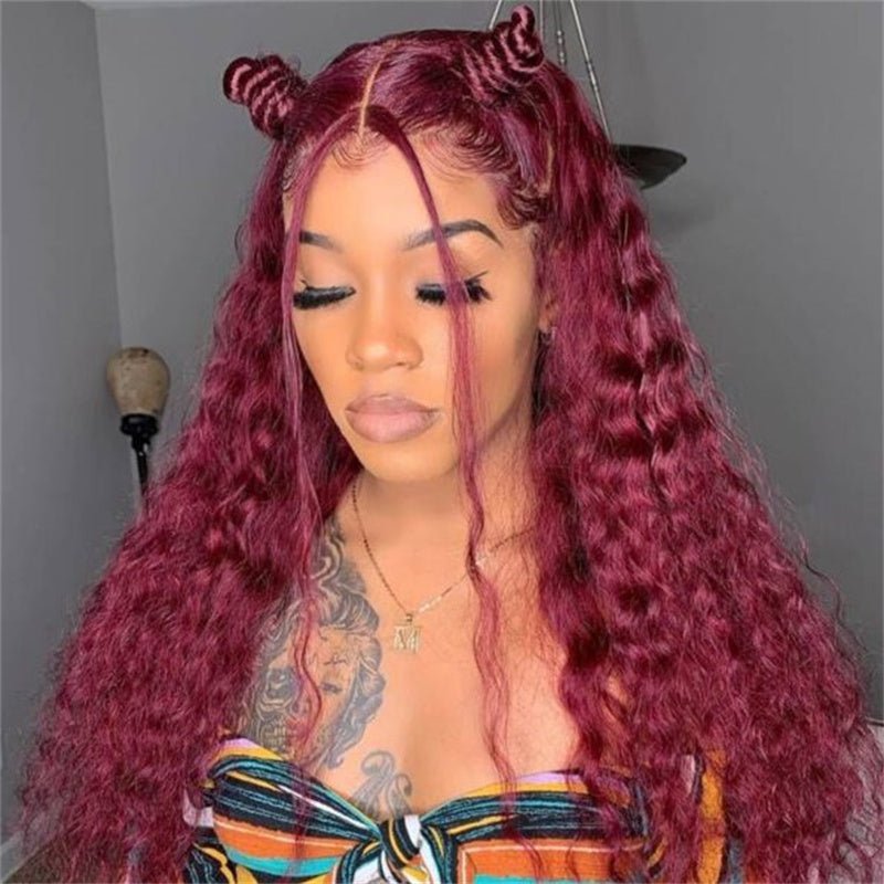 99J Burgundy 13x6 Water Wave Wig Pre - plucked Transparent Lace Human hair Wig With Baby Hair - Lemoda Hair