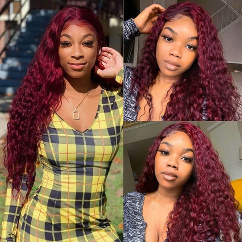 99J Burgundy 13x6 Water Wave Wig Pre - plucked Transparent Lace Human hair Wig With Baby Hair - Lemoda Hair