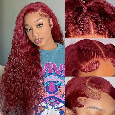 99J Burgundy 13x6 Water Wave Wig Pre - plucked Transparent Lace Human hair Wig With Baby Hair - Lemoda Hair