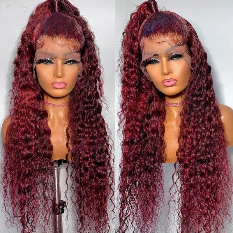 99J Burgundy 13x6 Water Wave Wig Pre - plucked Transparent Lace Human hair Wig With Baby Hair - Lemoda Hair