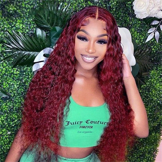 99J Burgundy 13x6 Water Wave Wig Pre - plucked Transparent Lace Human hair Wig With Baby Hair - Lemoda Hair