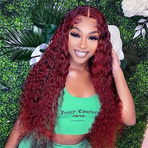 99J Burgundy 13x6 Water Wave Wig Pre - plucked Transparent Lace Human hair Wig With Baby Hair - Lemoda Hair