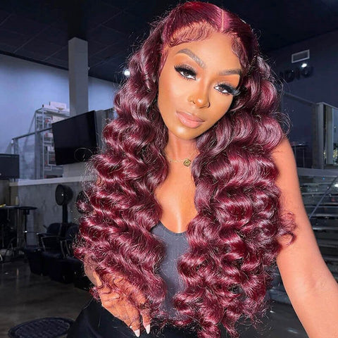 99J Burgundy Loose Wave 13x6 Transparent Lace Front Pre Plucked Wig 180% Density - Lemoda Hair