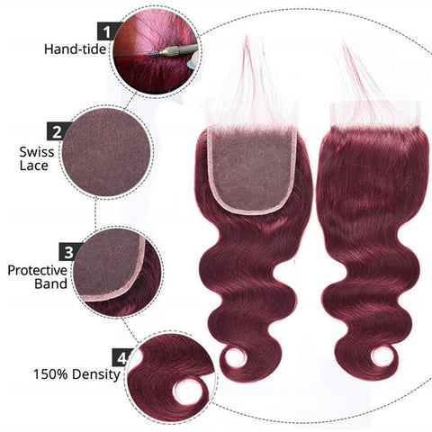 99j Wine Red Color Brazilian Body Wave Hair 3 Bundles With 4x4 Closure Human Hair - Lemoda Hair