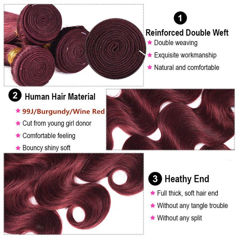 99j Wine Red Color Brazilian Body Wave Hair 3 Bundles With 4x4 Closure Human Hair - Lemoda Hair