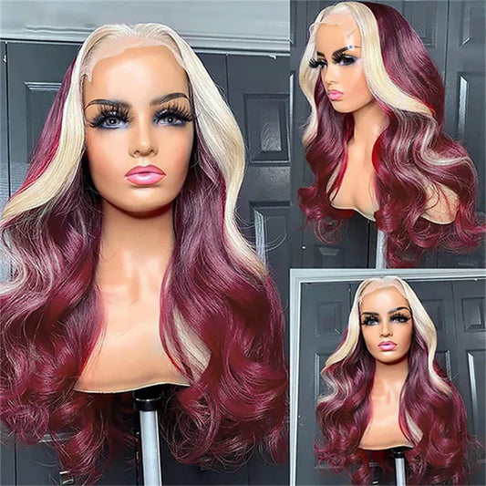 Burgundy 99J Red Wig With 613 Blonde Skunk Stripe Human Hair Wigs 6x6 Body Wave Lace Closure Wig 180% density
