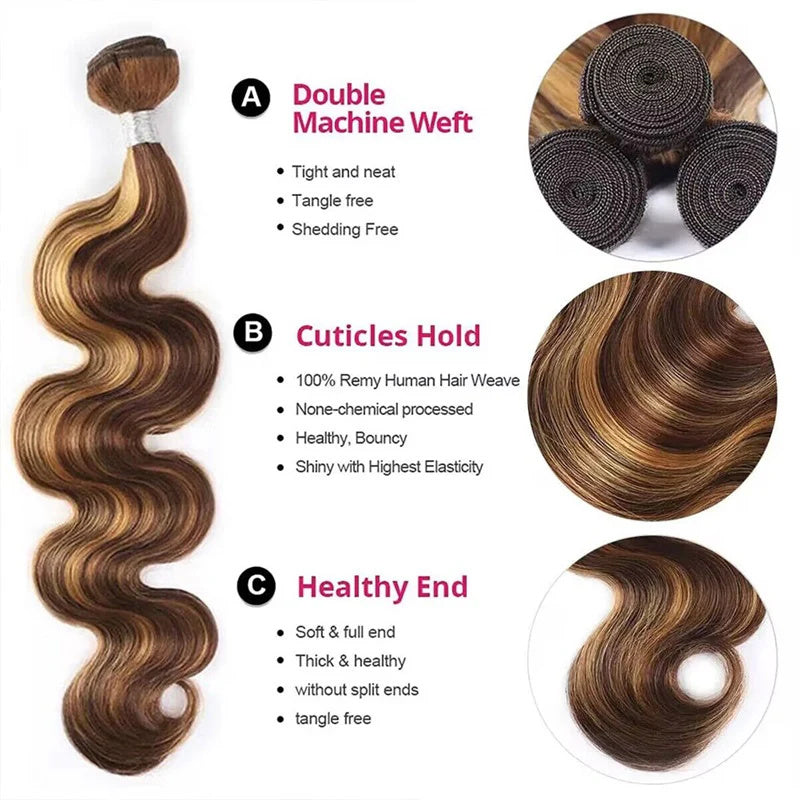 Honey Blonde Highlight Brown Ombre Color Wavy Free Part Melt 3 Bundles 
