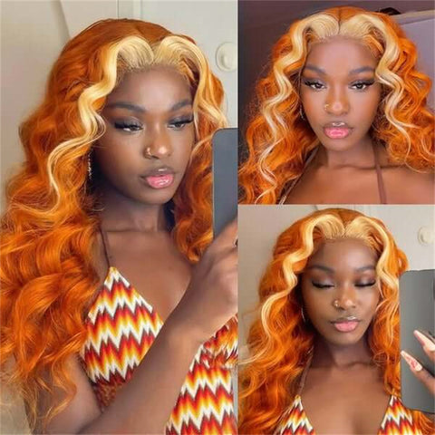 Skunk Stripe Ginger Orange Wigs With 613 Blonde Highlights Pre Plucked Body Wave Wigs 13x4 Transparent Lace Front Wigs
