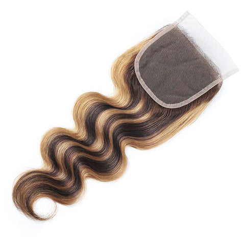 Honey Blonde Highlight Brown Ombre Color Wavy Free Part Melt 4x4 Lace Closure
