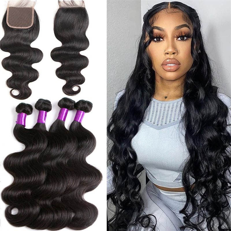 Body Wave 4 Bundles With 4X4 Lace Closure Brazilian Virgin Human Hair
