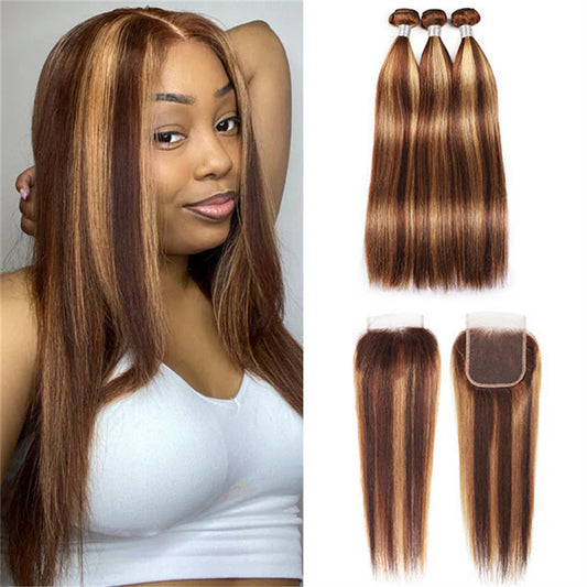 Ombre Highlights Straight Hair 3 Bundles With 4*4 Lace Closure Honey Blonde Human Hair
