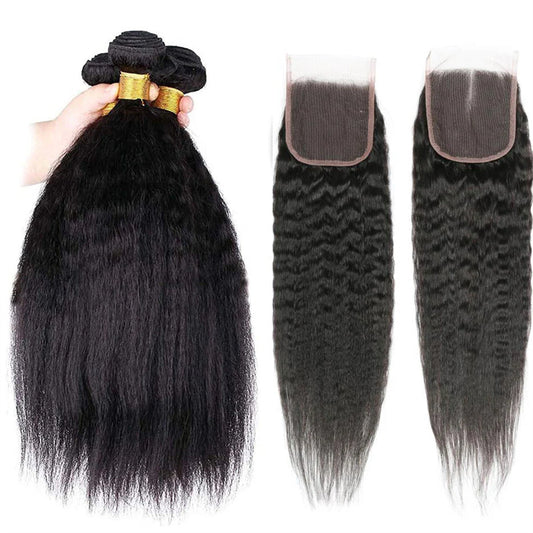  Kinky Straight 3 Bundles With 4x4 Lace Closure 100% Virgin Human Hair
