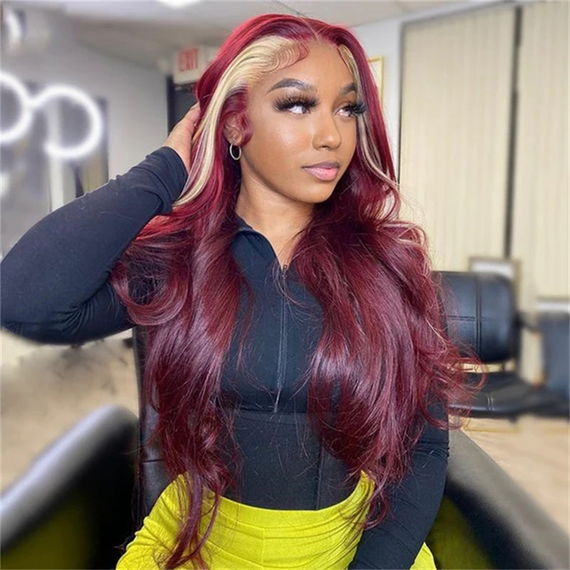 Burgundy 99J Red Wig With 613 Blonde Skunk Stripe Human Hair Wigs 6x6 Body Wave  wig
