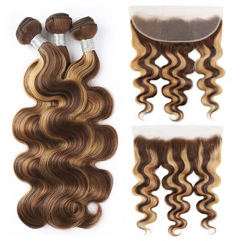 P4/27 Body Wave Hair Brazilian Human Hair 3 Bundles with Frontal 13x4 Lace Closure
