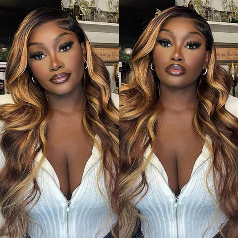 Honey Blonde Highlight Brown Ombre Color Wavy  3 Bundles With 4x4 Lace Closure
