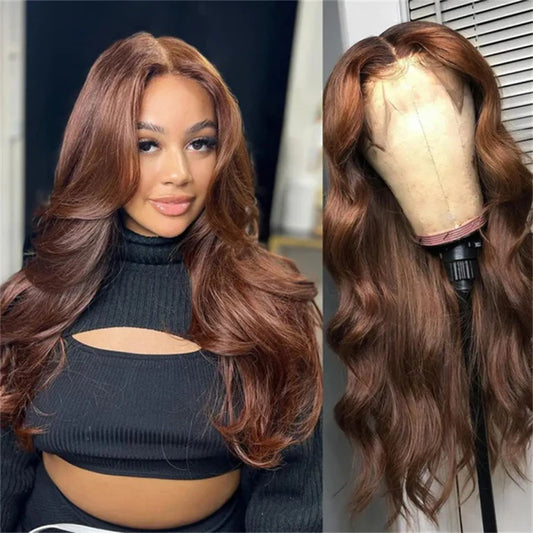 Chestnut Brown Color 13x4 Transparent Lace Frontal Wig Body Wave Human Hair Wigs 