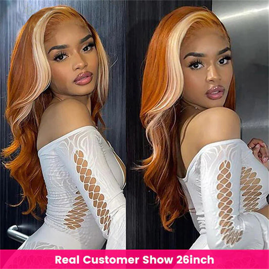 Skunk Stripe Ginger Orange With 613 Blonde Highlights Body Wave Human Hair 3 Bundles with 4x4 Closure 
