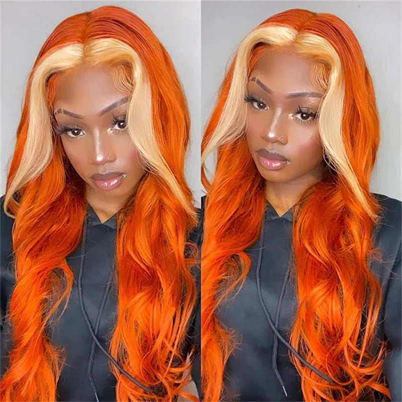 13x4 Skunk Stripe Ginger Orange Wigs With 613 Blonde Highlights Pre Plucked Body Wave Wigs 180% density
