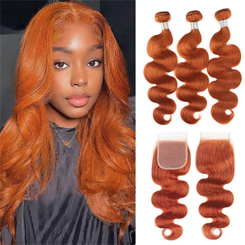 Ginger Orange Hair Bundles with Closure 4x4 Body Wave/Straight Human Hair Bundles with Closure
