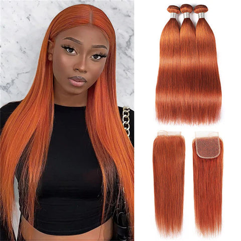 ginger orange straight 3 bundles with 4x4 lace closure